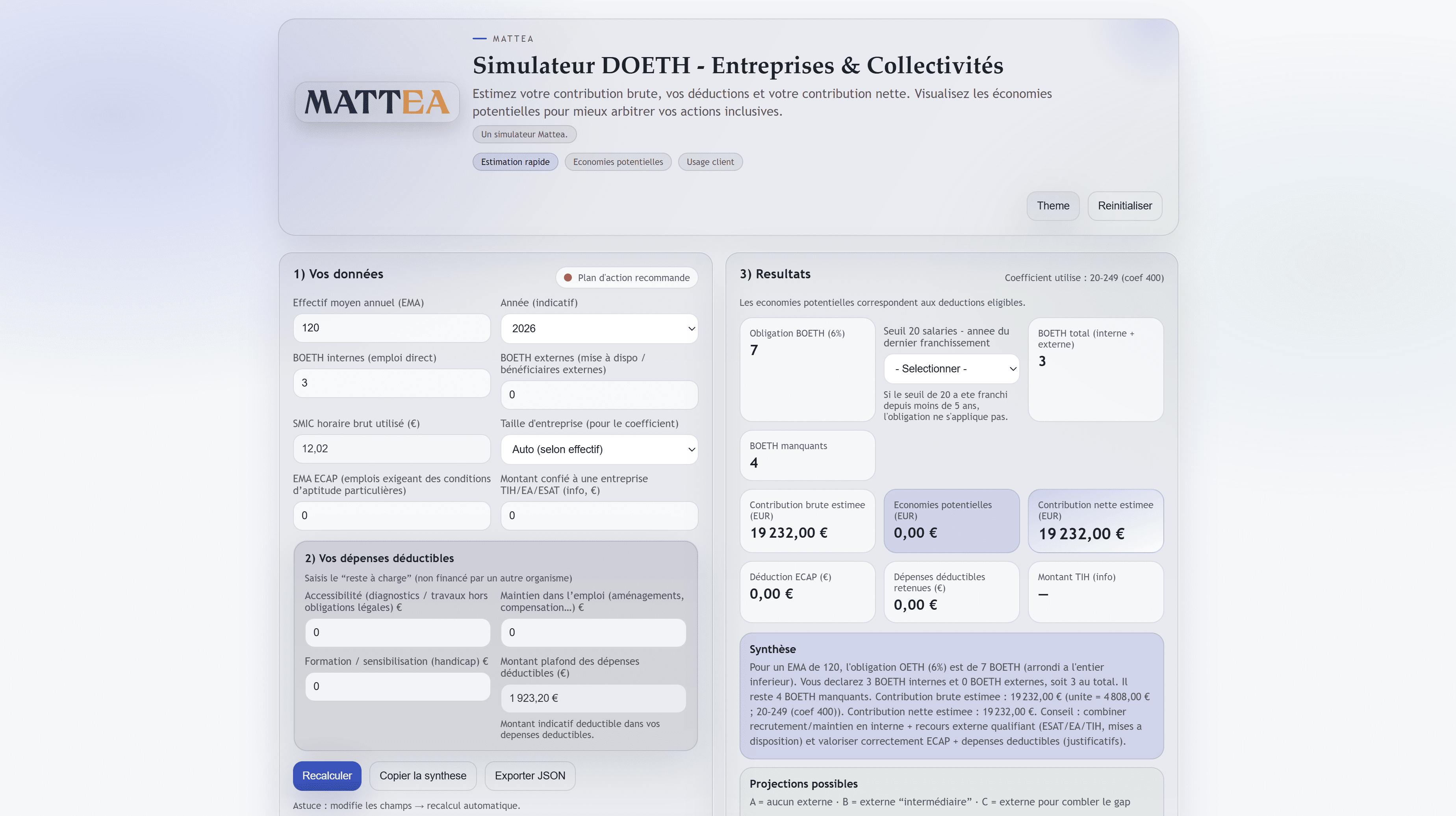 Apercu du simulateur DOETH Mattea Services